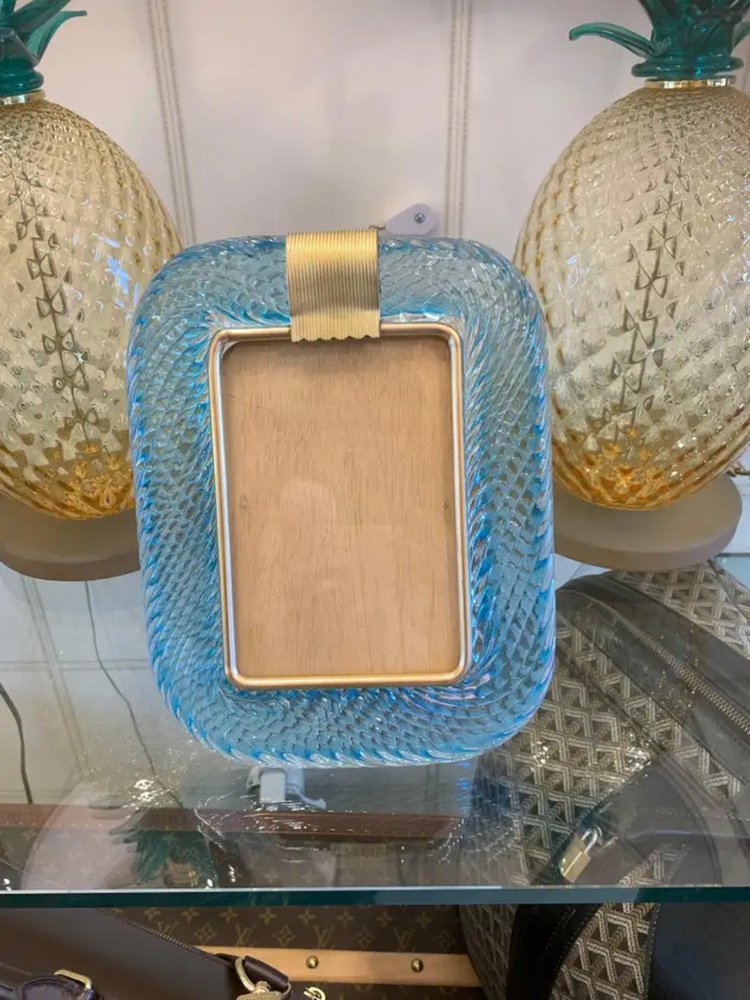 Sky Blue Twisted Photo Frame in Murano Glass and Brass from Barovier E Toso