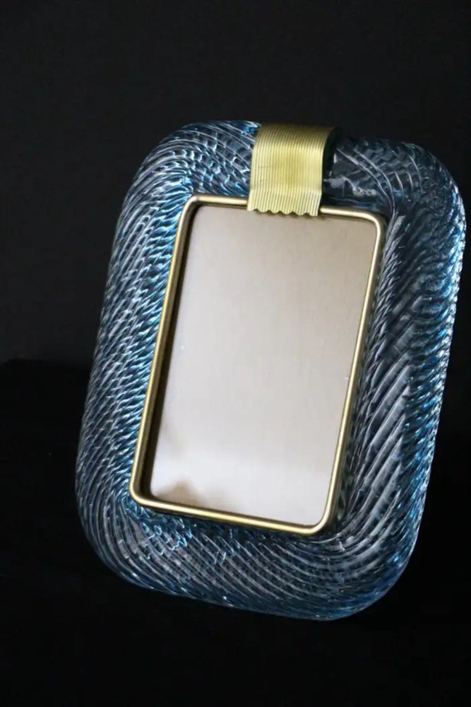 Sky Blue Twisted Photo Frame in Murano Glass and Brass from Barovier E Toso