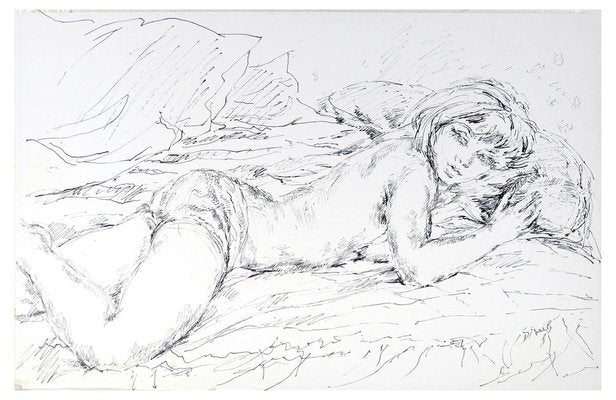 Sleeping Woman - China Ink on Paper by E. Diverly - 1970s 1970s-ZCI-761018