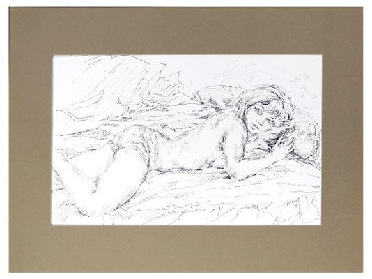 Sleeping Woman - China Ink on Paper by E. Diverly - 1970s 1970s-ZCI-761018