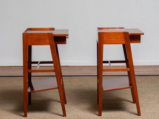 Slim Tall Swedish Solid Mahogany Nightstands, 1960s, Set of 2-JE-987188