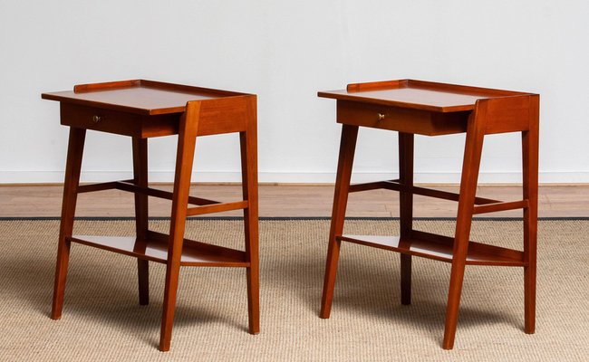 Slim Tall Swedish Solid Mahogany Nightstands, 1960s, Set of 2-JE-987188