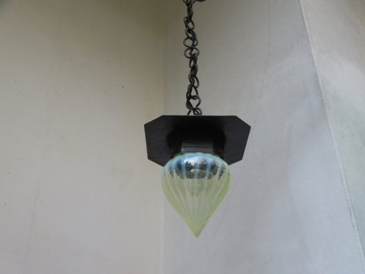 Small Antique Art Nouveau Wrought Iron and Glass Ceiling Lamp-EY-550548