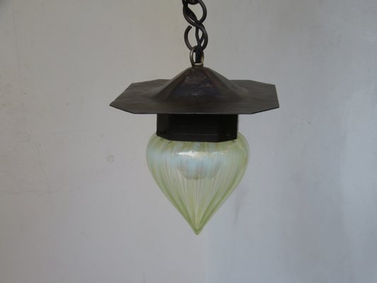 Small Antique Art Nouveau Wrought Iron and Glass Ceiling Lamp-EY-550548