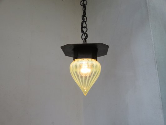 Small Antique Art Nouveau Wrought Iron and Glass Ceiling Lamp-EY-550548