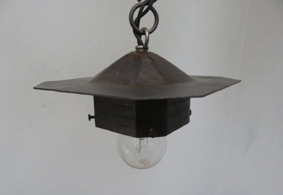 Small Antique Art Nouveau Wrought Iron and Glass Ceiling Lamp-EY-550548