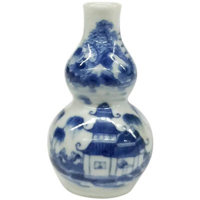 Small Antique Chinese Blue & White Double-Gourd Porcelain Vase-UCH-1224785