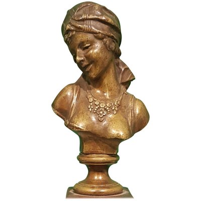 Small Antique French Bronze Bust of Odalisque with Red Marble Base-ZCI-752274