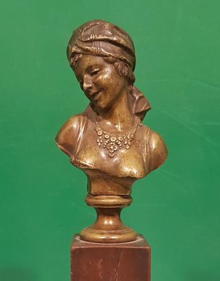 Small Antique French Bronze Bust of Odalisque with Red Marble Base-ZCI-752274