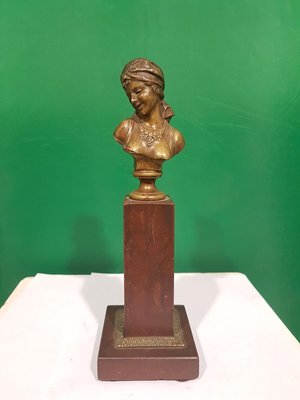 Small Antique French Bronze Bust of Odalisque with Red Marble Base-ZCI-752274