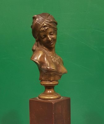 Small Antique French Bronze Bust of Odalisque with Red Marble Base-ZCI-752274