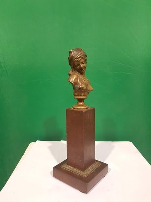 Small Antique French Bronze Bust of Odalisque with Red Marble Base-ZCI-752274