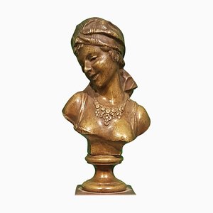 Small Antique French Bronze Bust of Odalisque with Red Marble Base-ZCI-752274