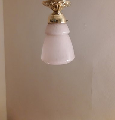 Small Art Deco Ceiling Lamp with Pink Marbled Glass Shade of Brass Mount-HOI-1743097