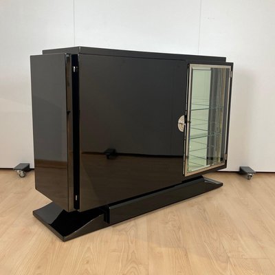 Small Art Deco Sideboard with Vitrine, Black Lacquer, Chrome, France 1930s-NNB-2036472