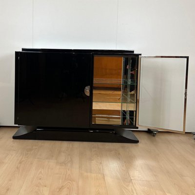 Small Art Deco Sideboard with Vitrine, Black Lacquer, Chrome, France 1930s-NNB-2036472