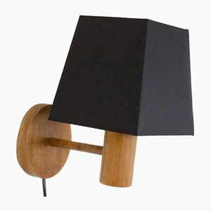 Small Artisan Wooden Wall Lamp with Black Shade, 1970s-FOH-883489