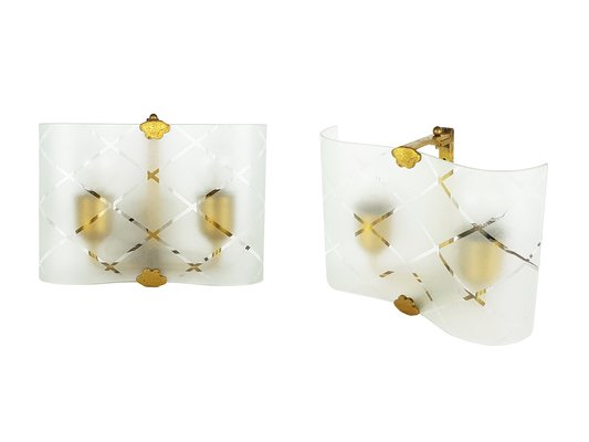 Small Bent Glass and Brass Sconces, 1940s, Set of 2-RD-1730058