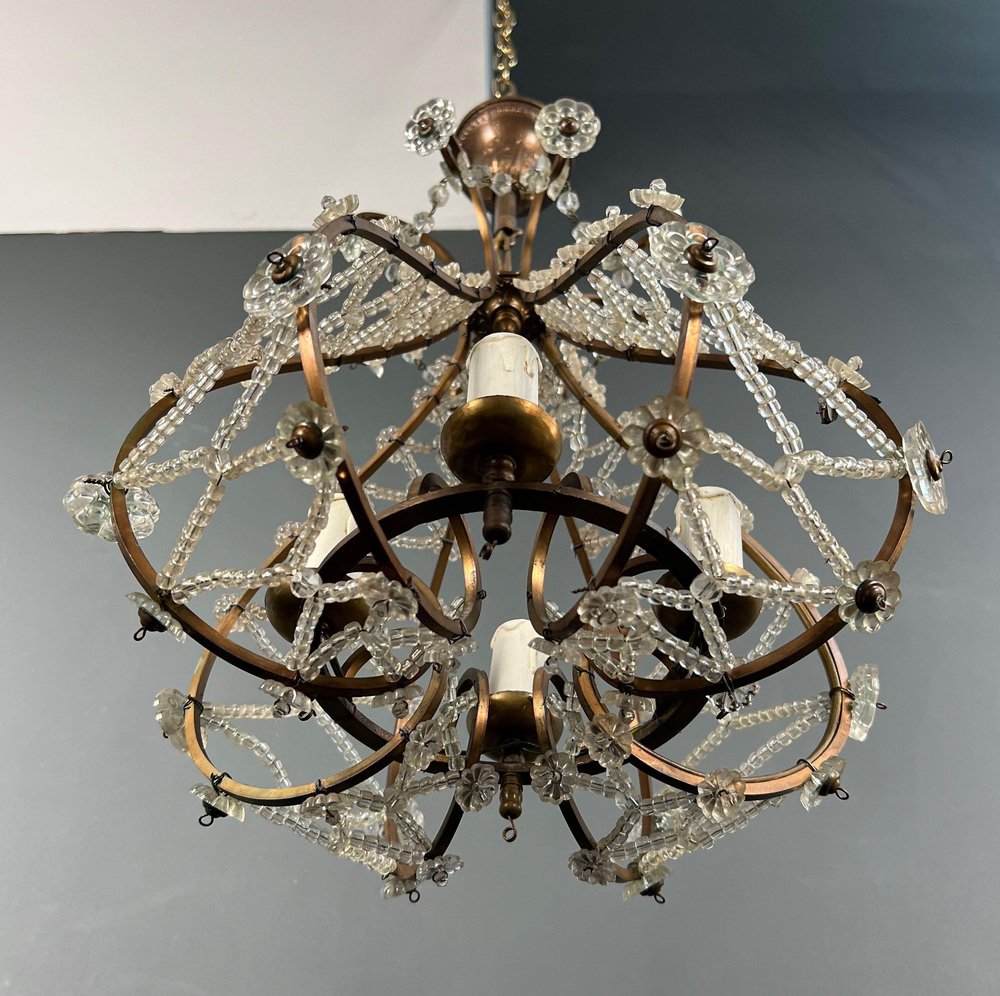 Small Brass Chandelier and Crystal Garlands in the style of Maison Baguès, 1940s