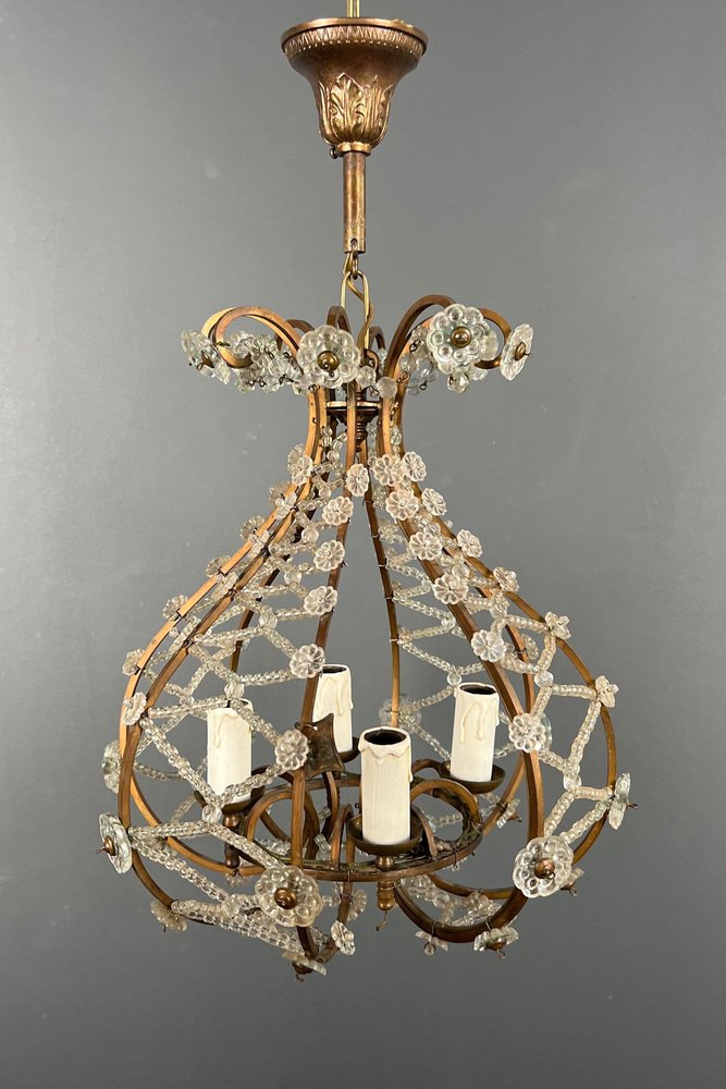 Small Brass Chandelier and Crystal Garlands in the style of Maison Baguès, 1940s