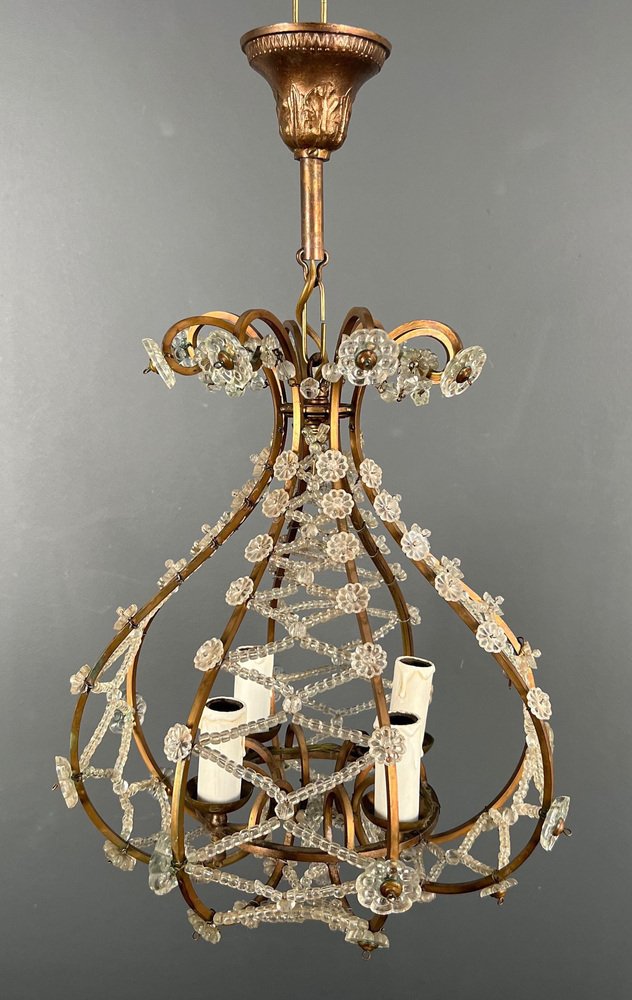 Small Brass Chandelier and Crystal Garlands in the style of Maison Baguès, 1940s