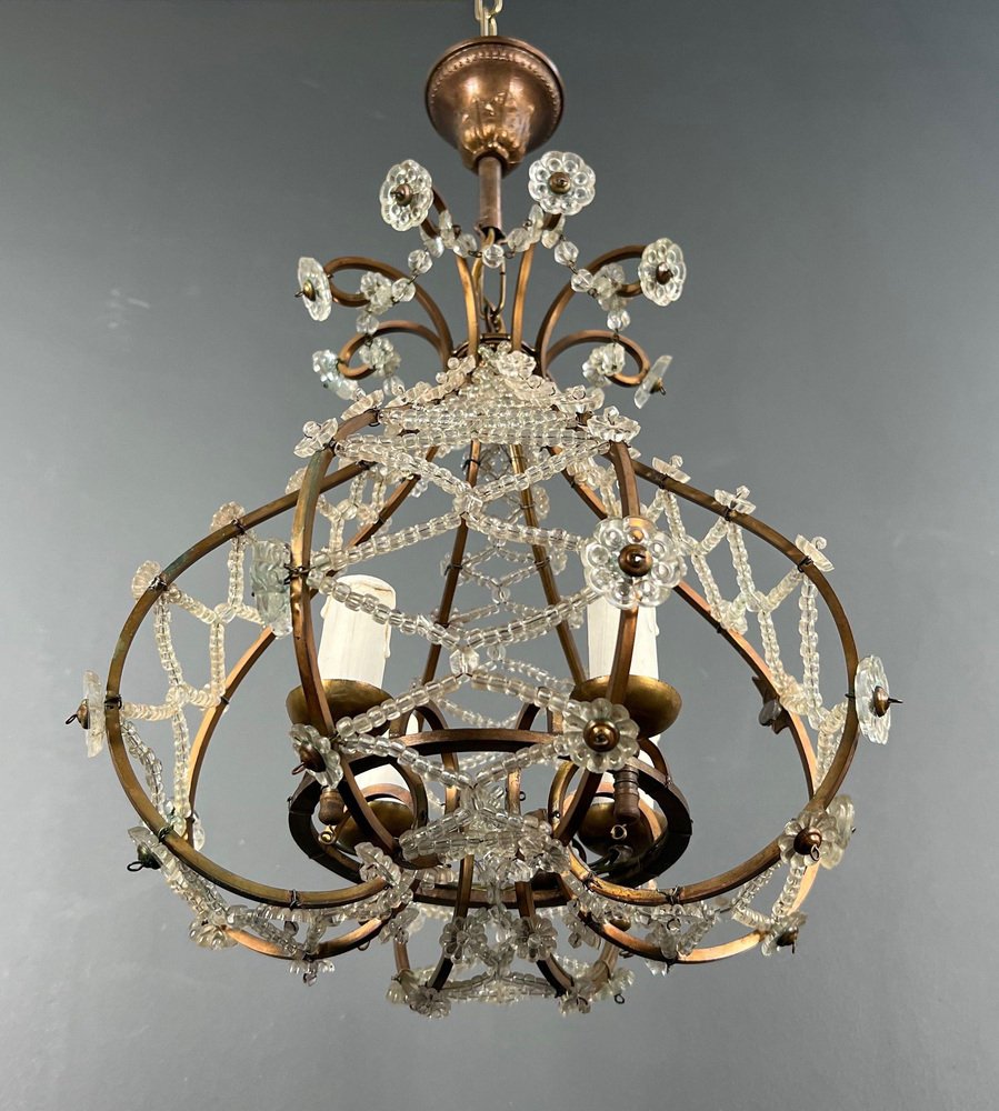 Small Brass Chandelier and Crystal Garlands in the style of Maison Baguès, 1940s