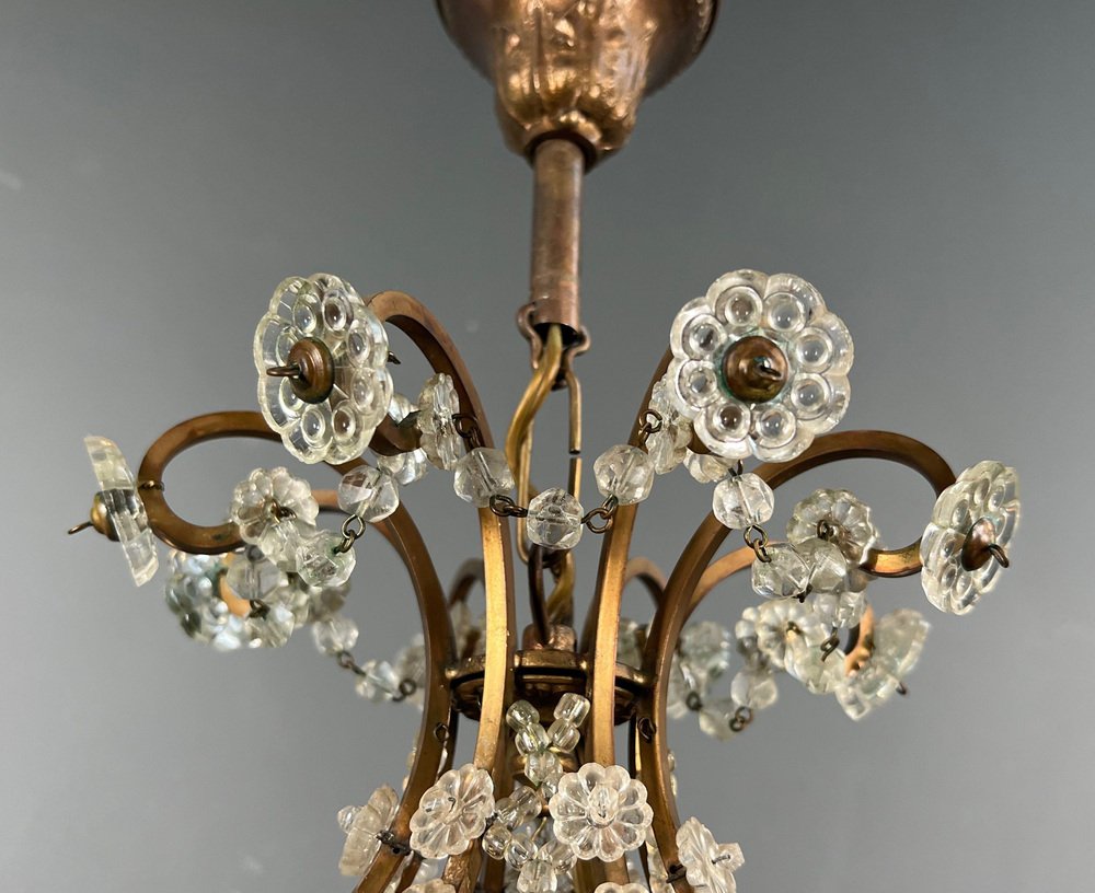 Small Brass Chandelier and Crystal Garlands in the style of Maison Baguès, 1940s