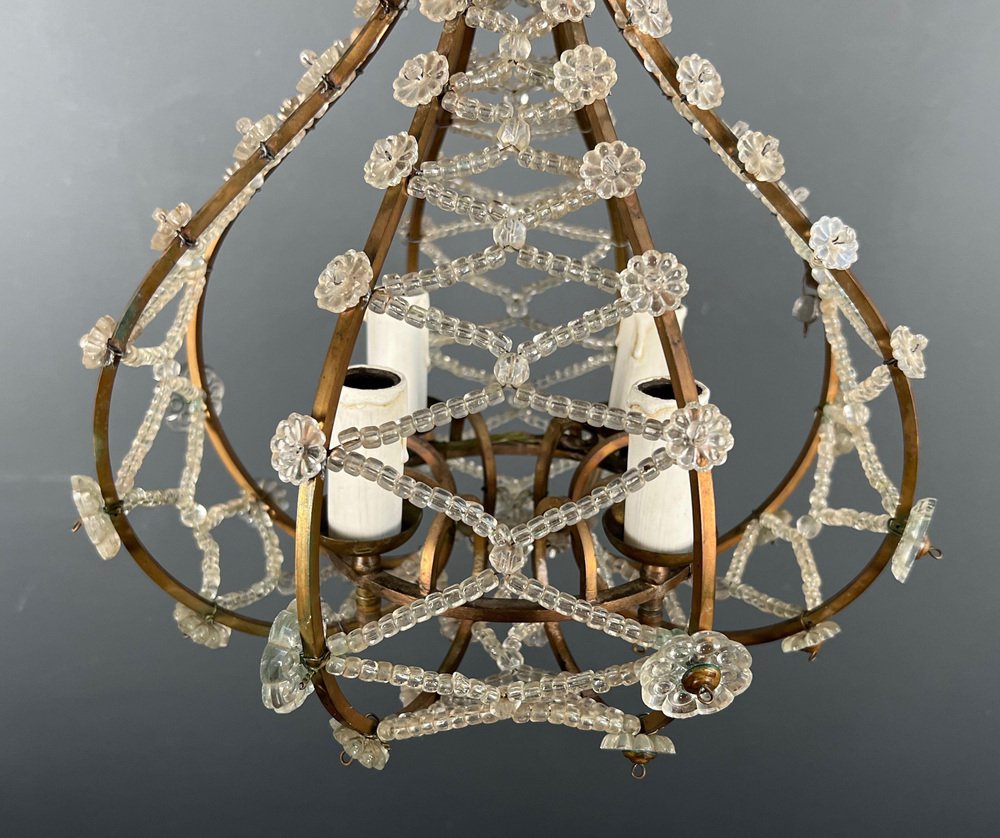 Small Brass Chandelier and Crystal Garlands in the style of Maison Baguès, 1940s