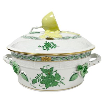 Small Chinese Bouquet Apponyi Green Porcelain Tureen with Handles from Herend-UCH-1224864