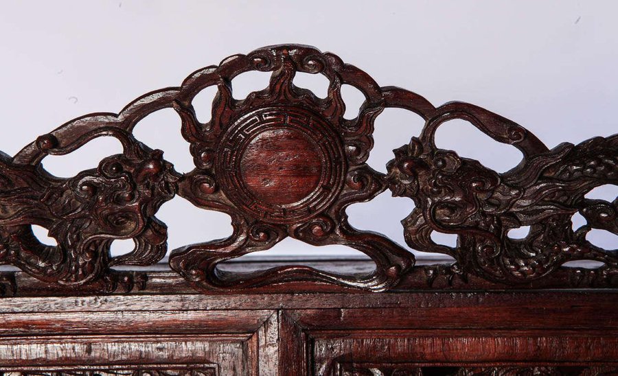 Small Chinese Openwork Wood Cabinet Depicting Dragons