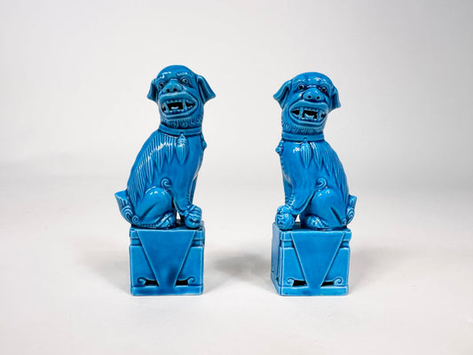 Small Chinese Turquoise Glazed Ceramic Foo Dog Figurines on Plinths, 1960s, Set of 2