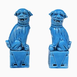 Small Chinese Turquoise Glazed Ceramic Foo Dog Figurines on Plinths, 1960s, Set of 2-JP-1794443