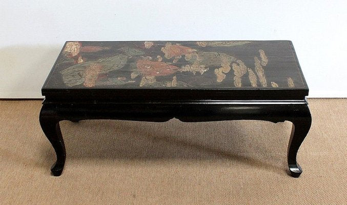 Small Chinoiserie Coffee Table with Black Lacquer, Early 20th Century-RVK-1029296