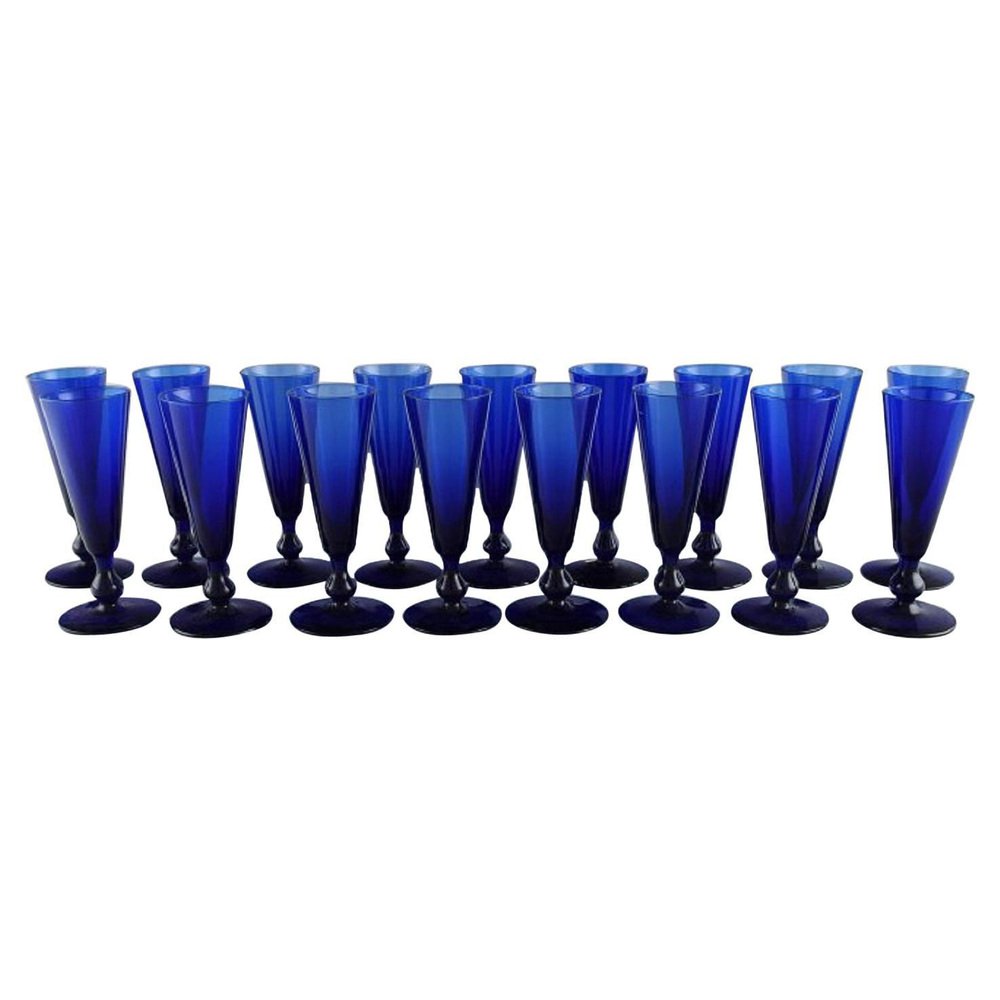 Small Cocktail Glasses in Blue Mouth Blown Glass by Monica Bratt for Reijmyre, Set of 17