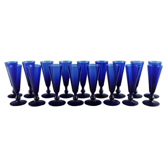 Small Cocktail Glasses in Blue Mouth Blown Glass by Monica Bratt for Reijmyre, Set of 17