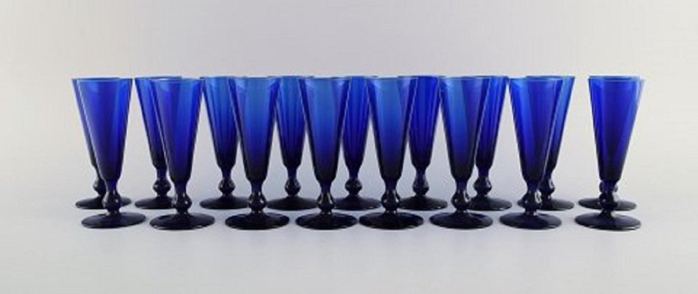 Small Cocktail Glasses in Blue Mouth Blown Glass by Monica Bratt for Reijmyre, Set of 17