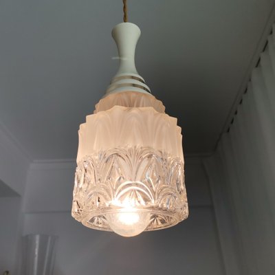 Small Danish Modern Clear Glass & White Acrylic Hanging Lamp, 1950s-SCS-1130503