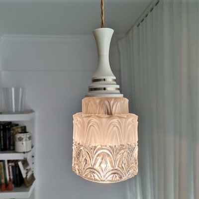 Small Danish Modern Clear Glass & White Acrylic Hanging Lamp, 1950s-SCS-1130503