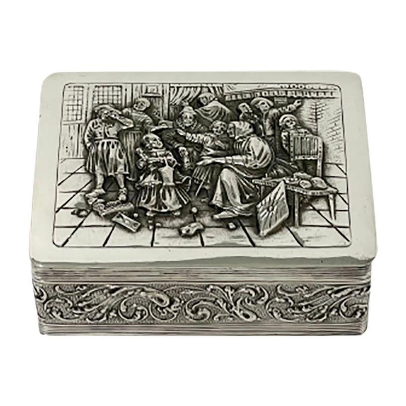 Small Dutch Silver Box with a Scene After a Painting by Jan Steen