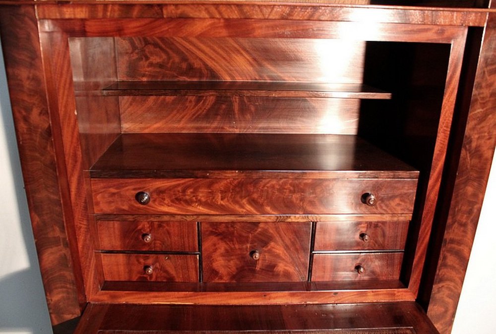 Small Early 19th Century Restoration Era Secretaire in Mahogany Burl Veneer