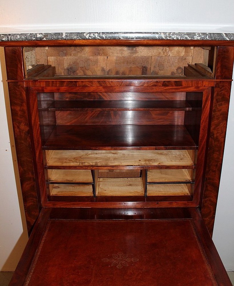 Small Early 19th Century Restoration Era Secretaire in Mahogany Burl Veneer