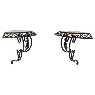 Small French Art Deco Wall-Mounted Corner Console Tables, Set of 2-RIU-1342462