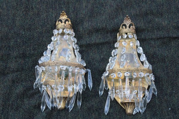 Small French Wall Lamps in Brass and Crystal, 1950s, Set of 2-EH-1389394