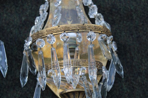 Small French Wall Lamps in Brass and Crystal, 1950s, Set of 2-EH-1389394