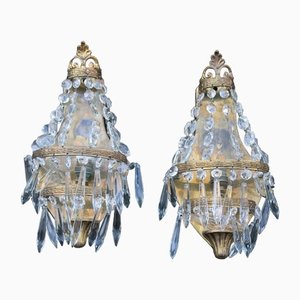 Small French Wall Lamps in Brass and Crystal, 1950s, Set of 2-EH-1389394