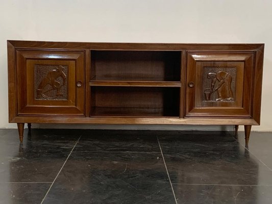 Small Futurist Style Serving Sideboard with Carved Panels, 1940s-IJR-999474