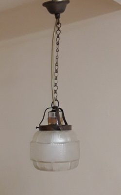 Small German Ceiling Lamp with Brass Mounting & Matt Decorated Glass Shade, 1900s-HOI-1422962