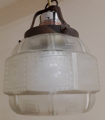 Small German Ceiling Lamp with Brass Mounting & Matt Decorated Glass Shade, 1900s-HOI-1422962