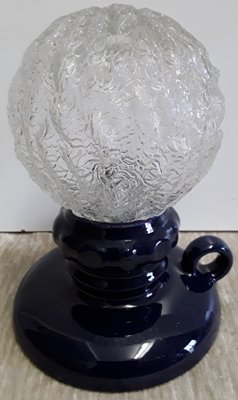 Small German Night Light Table Lamp in Dark Blue Glazed Ceramic with Spherical Relief Glass Shade from Waechtersbach, 1970s-HOI-1275031