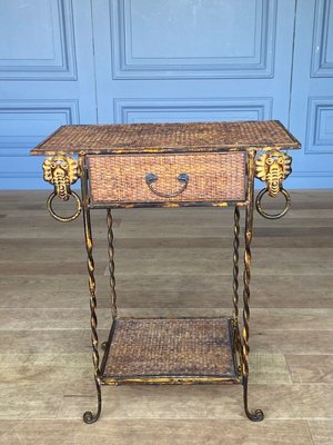 Small Golden Metal Rattan Trolley with Drawer, 1970s-QKG-1357868